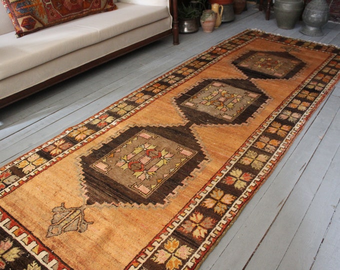 3'5"x 10'2" ANTIQUE  Coral Rug Runner,Ethnic Bohemian Vintage Handwoven Organic Wool Rug Runner,Hallway Carpet