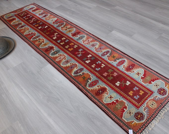 Vintage Milas Rug Runner, Ethnic Tribal Nomadic Turkish Rug Runner,Handwoven Wool Rug Runner