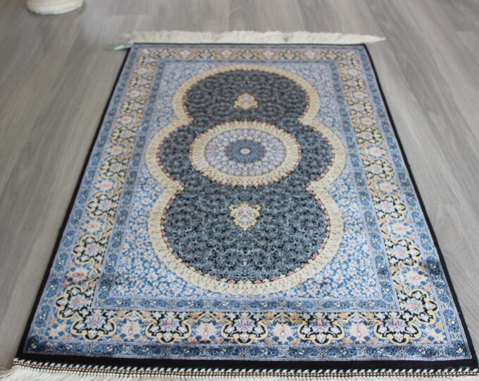Blue Silk Rug, Blue Medallion Rug, Small Silk Rug, Traditional Silk Rug / B-2007 / 1'9''x3' 150