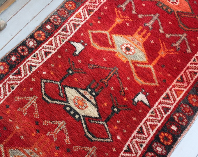 3'1"x7'8"ft  RUNNER Vintage Anatolian Red Runner Rug, Vintage Turkish Red Piled Organic Wool Hallway Carpet