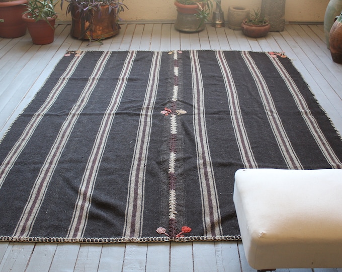 6'6"x7'6" ft  Vintage Natural Wool Kilim, Turkish Area Kilim, Ethnic Kilim,Anatolian Kilim, Brown Goat Wool  Kilim