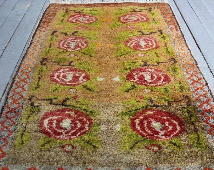 2'6"x4'3" Rose Design Vintage Turkish Piled Handwoven Small Bedroom Carpet,Bohemian Ethnic Wool Rug