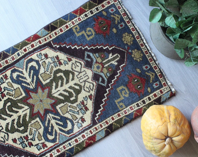 Ethnic Door Mat, Blue Handwoven Door Mat, Vintage Door Mat, Ethnic Small Rug / B-1450 / 1'7"X3'3"