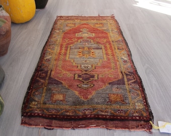 Red Rug Door Mat, Vintage Anatolian Small Rug, Handwoven Wool Door Mat , Ethnic Door Mat / B-1505 / 1'7"x3'3"