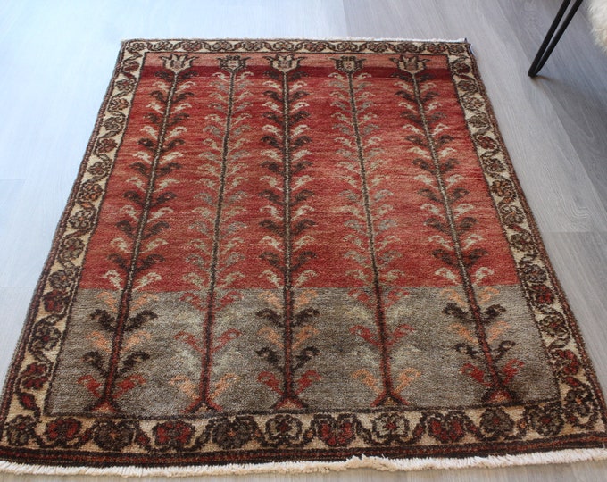 Small Red Wool Rug, Small Anatolian Rug, Piled Small Rug , Small Ethnic Turkish Rug / B-1712 / 2'5"x3'4"