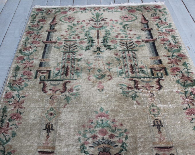 3'0"x4'4" FREE Shipping Vintage Distressed Special Small Bedroom Rug,Handwoven Wool Small Carpet