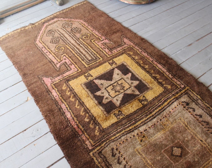 3'4"x11'   Vintage Natural Wool Brown KARS Runner Rug, Ethnic Brown Rug, Bohemian Runner Rug,