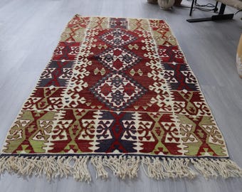 Vintage Small Flat Rug ,  Handwoven Wool  Kilim, 83x151 cm /  33x60 inches