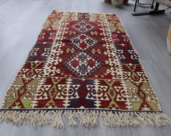 Vintage Small Flat Rug ,  Handwoven Wool  Kilim, 83x151 cm /  33x60 inches