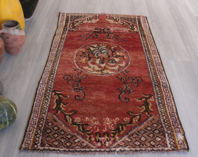 Ethnic Red Rug, Vintage Anatolian Rug, Vintage Turkish Rug, Rose Design Wool Rug, Small Red Wool Rug / B-1570 / 2'4"x4'5"