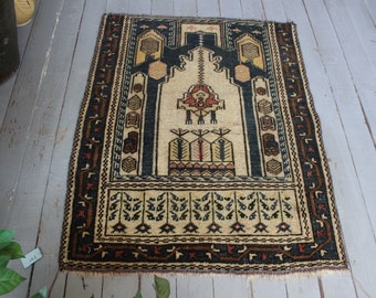 2'5"x3'3" ft  Vintage Rug, Vintage Anatolian Rug, Blue-Beige Rug, Ethnic Design Rug, Traditional Turkish Rug, Vintage Konya Rug
