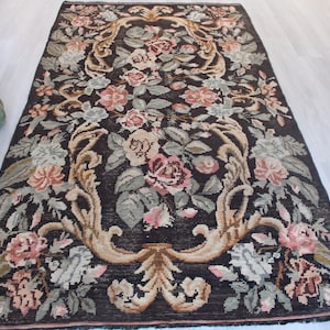 Vintage Karabagh Kilim, Vintage Floral Kilim, Black Floral Rug, Bohemian Kilim Rug , Ethnic Kilim Rug