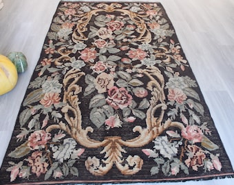 Vintage Karabagh Kilim, Vintage Floral Kilim, Black Floral Rug, Bohemian Kilim Rug , Ethnic Kilim Rug