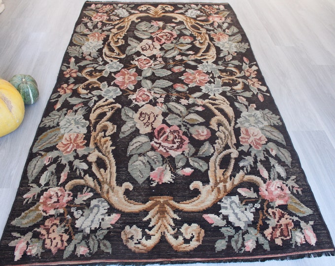 Vintage Karabagh Kilim, Vintage Floral Kilim, Black Floral Rug, Bohemian Kilim Rug , Ethnic Kilim Rug