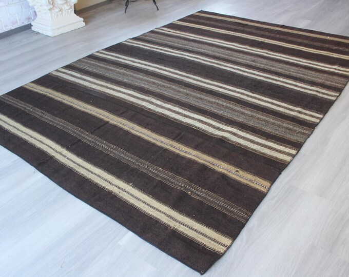 Brown Striped Rug, Large Striped Kilim Rug , Large Bohemian Rug / N-1960 / 6'x9'2''