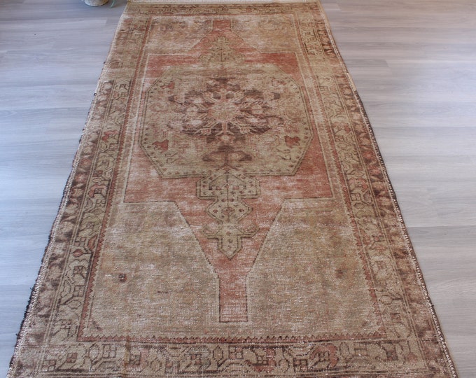 Vintage Oushak Rug, Beige-Coral Anatolian Rug,  Ethnic Handwoven  Rug, Vintage Turkish Rug, Decorative Rug / B- 1231 / 4'3"x8'5" feet