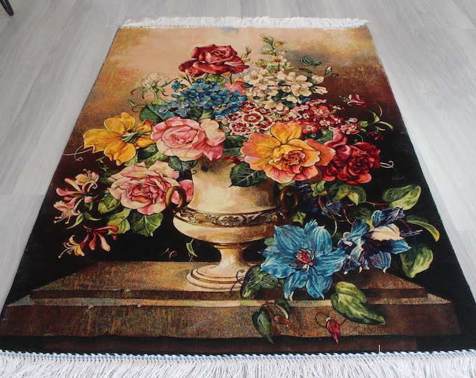Floral Silk Rug, Silk Rug with Flowers , Small Silk Rug / B-2044 / 2'6''x4'