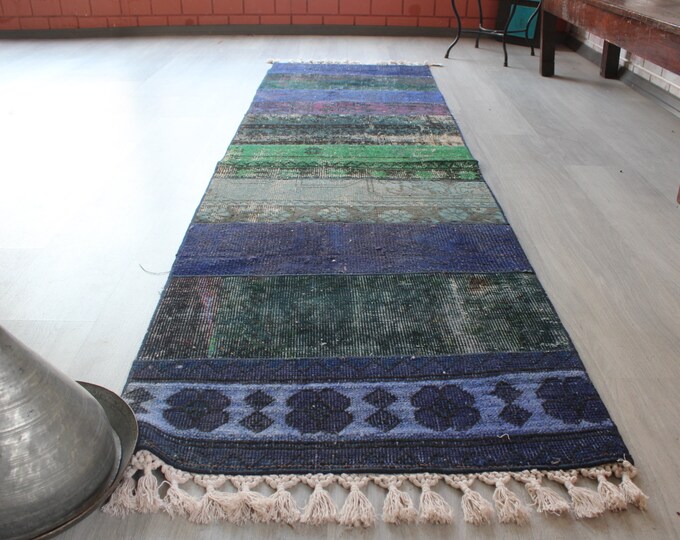 Blue Rug Runner , 2'2''x7'7'' Blue Patchwork Runner,  Vintage Blue Rug Runner / B-1826