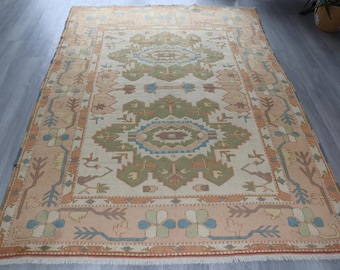 Peachy Pink- Blue Rug , Vintage Oushak Rug, Ethnic Mute Rug / B-1757 / 5'3"x7'9"