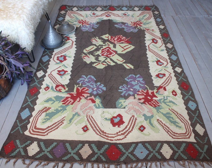 4'6"x7'6" ft Vintage KARABAGH Kilim, Ethnic Floral Kilim, Bohemian Kilim Rug, Floral Area Kilim,  Karabagh Kilim Rug