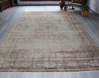 Large Distressed Pale Rug , 7'4"x11'5" ft  Vintage Low Piled  Oushak Rug / B-400