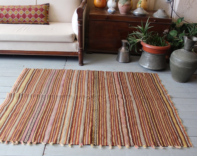3'3"x4'6"ft Vintage Striped Handwoven Wool Kilim Rug, Vintage Turkish Kilim,Ethnic Bohemian Nomadic Wool Kilim