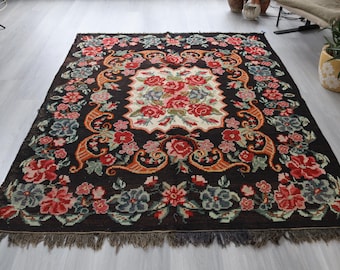 Vintage Floral Rug,  Karabagh Kilim,  Handwoven Botanical Flat Rug / 5'4''X6'8'' / K-471