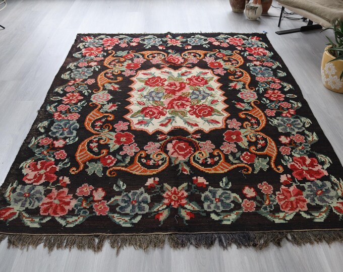 Vintage Floral Rug,  Karabagh Kilim,  Handwoven Botanical Flat Rug / 5'4''X6'8'' / K-471