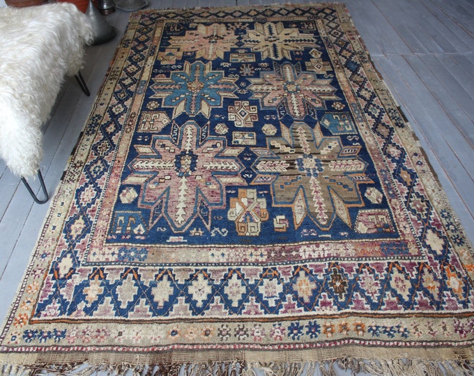 Antique Blue  Rug , Antique Caucassian ZEHUR Rug,  Antique  Beige- Blue Rug , Vintage Rug, Vintage Turkish Rug / 4'8"x8'8" feet