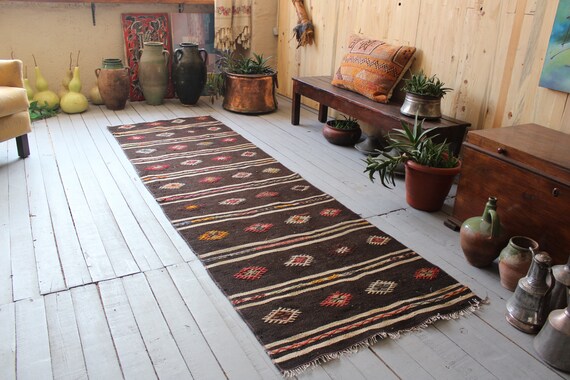 2'9"x 9'2" Vintage Dark Brown Stripped Handwoven Wool Kilim Rug