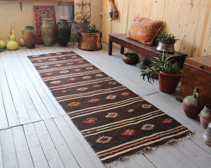 2'9"x 9'2" Vintage Dark Brown Stripped Handwoven Wool Kilim Rug