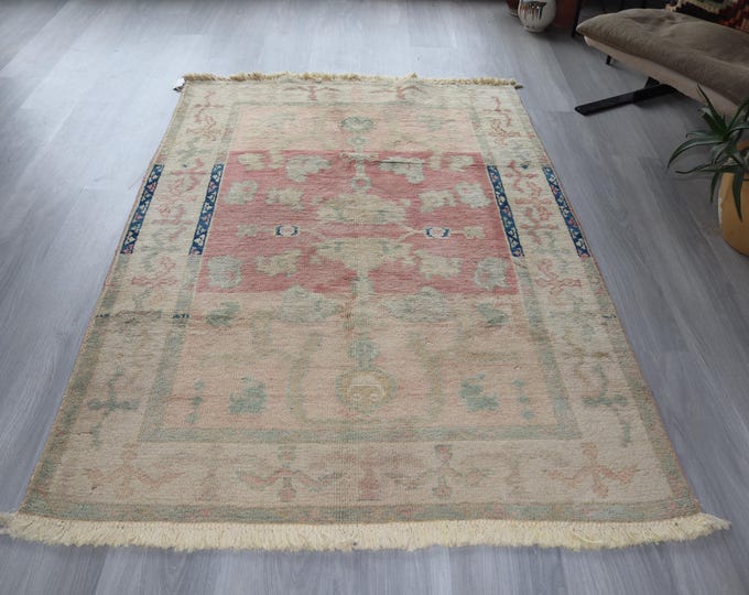 4'x6'  Vintage Ombre OUSHAK Rug, Turkish Pale Coloured Oushak Rug, Ethnic Bohemian Rug