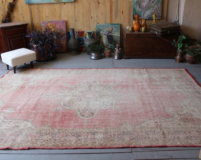 Vintage Faded Oushak Rug, Peachy Pink Oushak Medallion Carpet, Classic Oriental Faded Carpet , 6'1"x9'9" ft