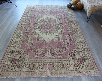 Vintage pink rug,large pink rugpale pink rug, pale pink rug, oriental pink rug, Vintage turkish rug , Large area rug / 5'4"x9'7" / B-1343