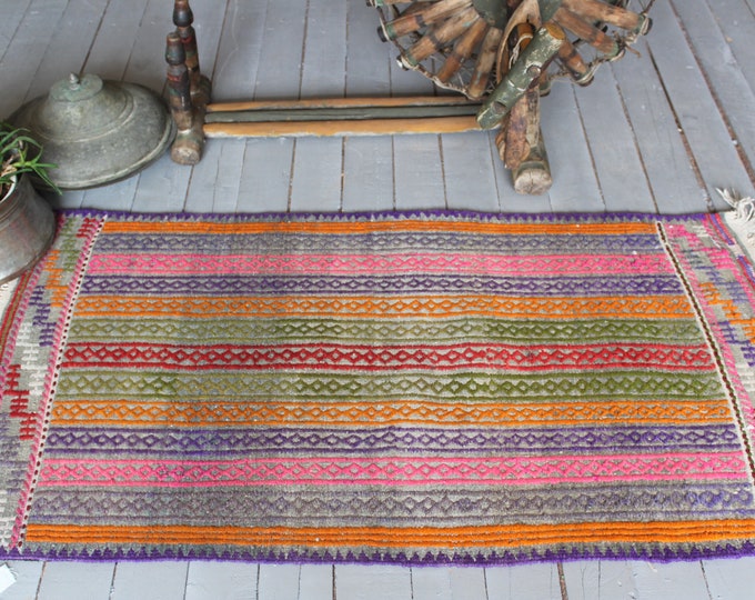 2'2"x4'1" ft  Vintage Striped YUNTDAG Kilim Rug, Vintage Bohemian Kilim Rug, Ethnic Kilim Rug, Turkish Kilim Rug