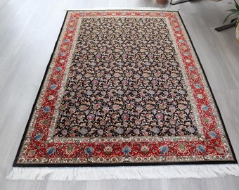 Silk Rug,3'9''x5'9''  Black Based Floral Rug, Traditional Silk Rug , 4'x6' silk rugs / B-1901