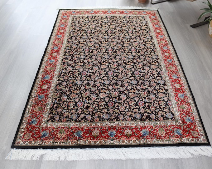 Silk Rug,3'9''x5'9''  Black Based Floral Rug, Traditional Silk Rug , 4'x6' silk rugs / B-1901