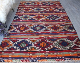 5'4"x9'2" ft  Vintage Kilim, Large Ethnic Kilim, Bohemian Kilim, Diamond Design Area Kilim, High Quality Turkish Kilim