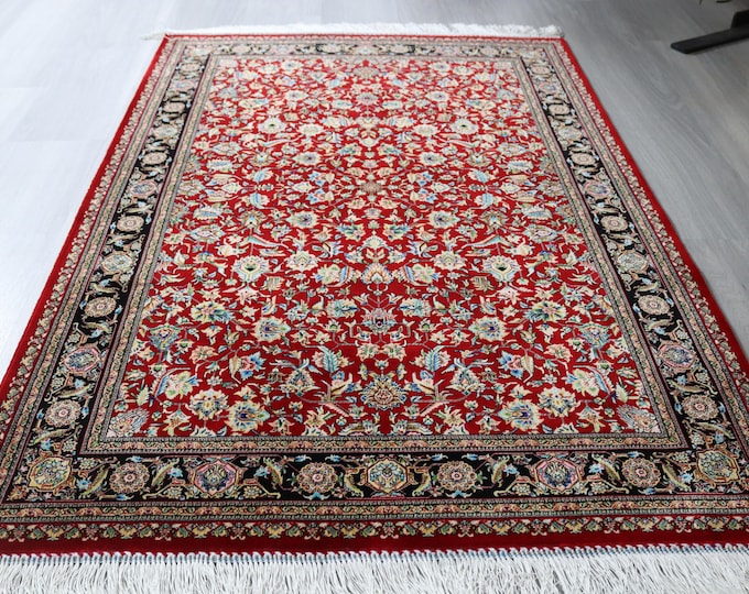 Red Hereke Silk Rug, 3'3''x5' Silk Rug, Handwoven Floral Silk Rug / B-1924