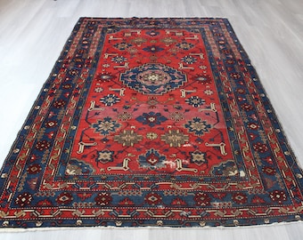 Vintage Rug, Caucasian Rug, Ethnic Tribal  Rug, Vintage Caucasian Rug, Decorative Handwoven Rug, Collection Rug / B-1365 /  5'x7'5" feet