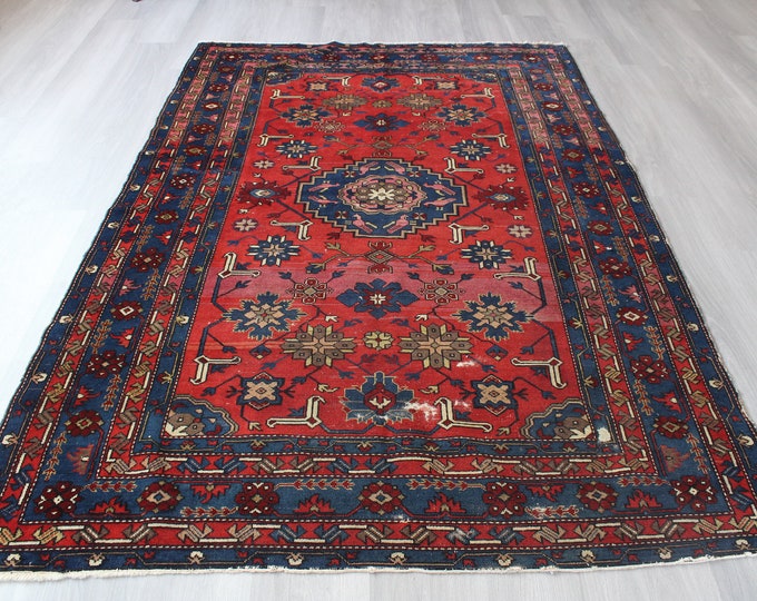 Vintage Rug, Caucasian Rug, Ethnic Tribal  Rug, Vintage Caucasian Rug, Decorative Handwoven Rug, Collection Rug / B-1365 /  5'x7'5" feet