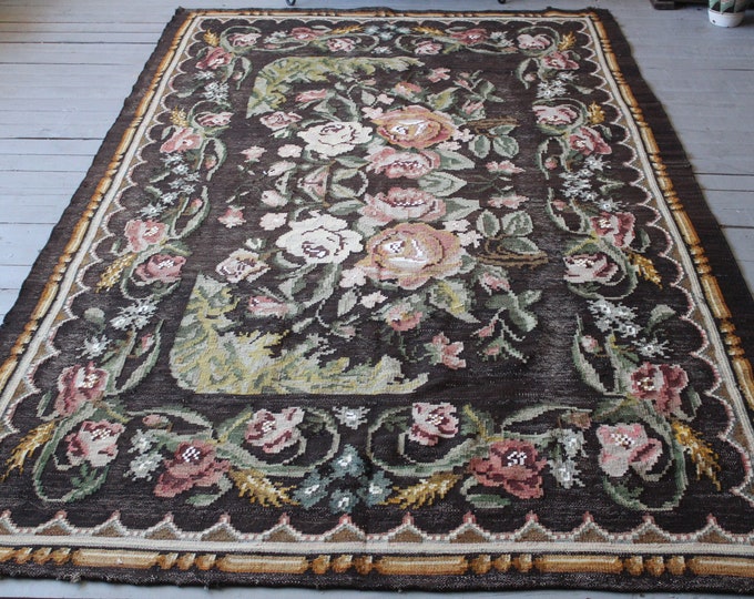 5'3"x8'6" ft  Vintage KARABAGH Kilim, Vintage Area Kilim, Ethnic Kilim Rug, Bohemian Kilim Rug, Rose Design Kilim, Ethnic Floral Kilim