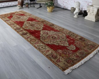 Vintage Red Runner, 3'6"x11'3" ft   Handwoven Red Medallion  Runner ,  Rug Runner, Vintage Red Rug Runner