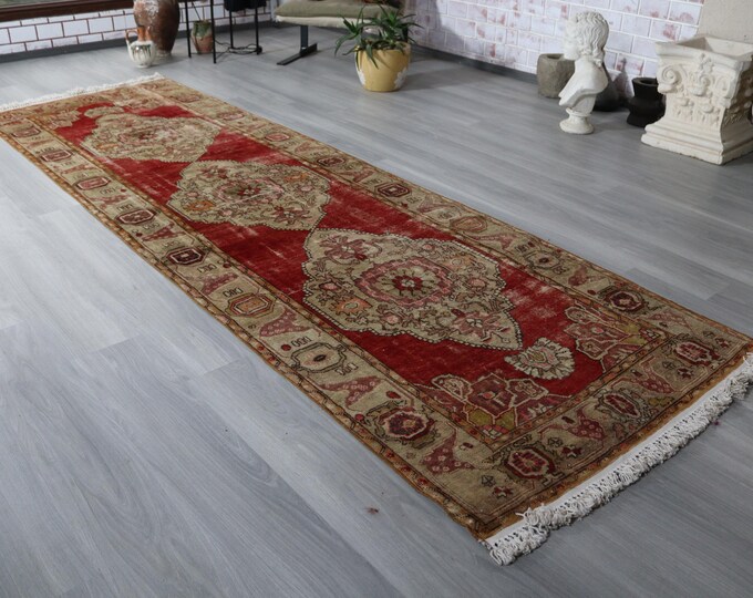 Vintage Red Runner, 3'6"x11'3" ft   Handwoven Red Medallion  Runner ,  Rug Runner, Vintage Red Rug Runner