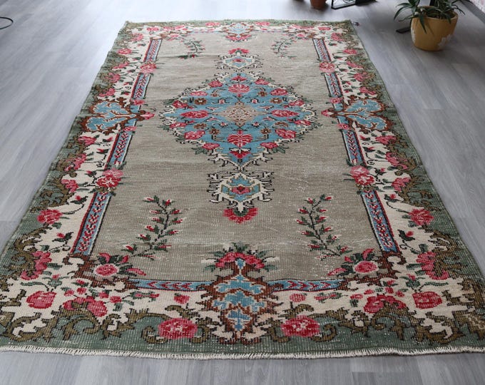 Vintage Floral Wool Rug, 5'7''x 9'8'', Anatolian Medallion B-402