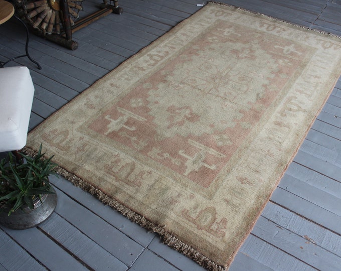 4'1"x 6'9" ft Vintage  Beige OUSHAK  Rug, Turkish Beige-Mocca  Area Rug, Ethnic Bohemian Rug, Decorative Rug, Handwoven Beige Rug