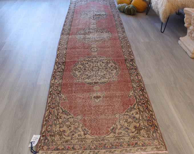 RUNNER, 3'x12'4" feet , Vintage  Rug Runner , Ethnic Rug Runner, Anatolian Rug Runner, Turkish Runner, Mute Coloured Runner / B-1319