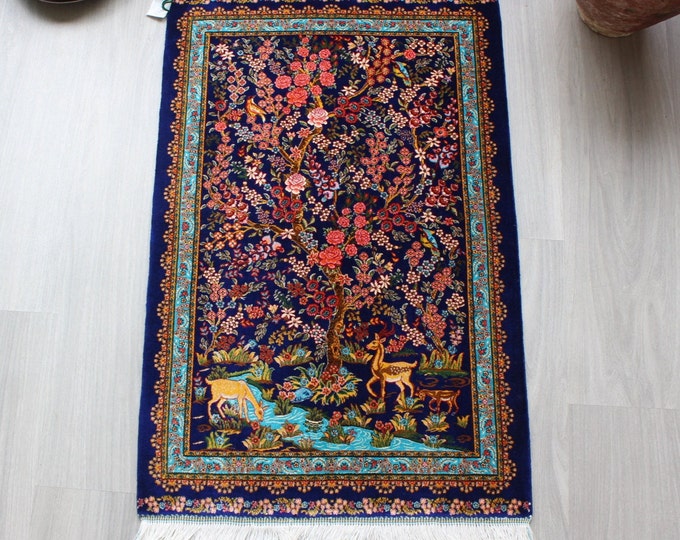 Indigo Blue Silk Rug, Animal Design Silk Rug, Silk Rug Tapestry /  B- 1804- 1800   / 1'9''x3' /  22x36 inches