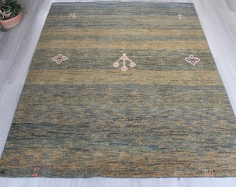 Green Wool Rug, Green Gabbeh Rug, Bohemian Rug / B-1879 / 4'8''x6'