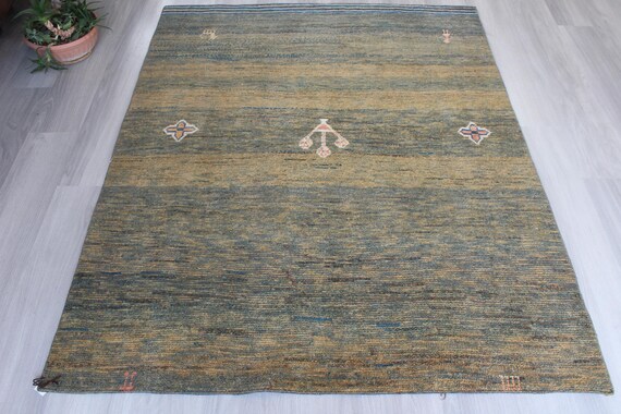 Green Wool Rug, Green Gabbeh Rug, Bohemian Rug / B-1879 / 4'8''x6'